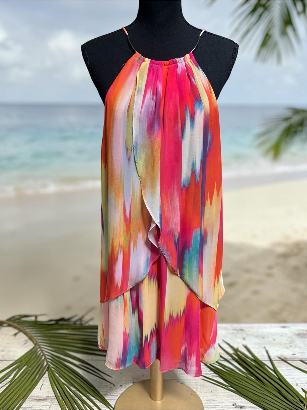 BISOU BISOU Vibrant Multi-Color Halter Layered Mini Dress Sheer Chiffon Size 14